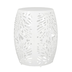 English Elm Metal Cylindrical Accent Table Powder Coated Iron with Tropical Palm Leaf Lattice Design White 73613.00WHI