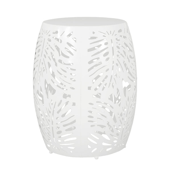 English Elm Metal Cylindrical Accent Table Powder Coated Iron with Tropical Palm Leaf Lattice Design White 73613.00WHI