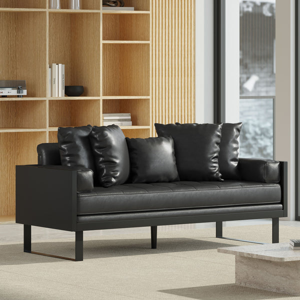 English Elm Christopher Knight Home® - LOVESEAT Contemporary Oversized Faux Leather Loveseat with Button Tufting, Iron Sled Legs, 72.5" Black 72103.00PUMDNT