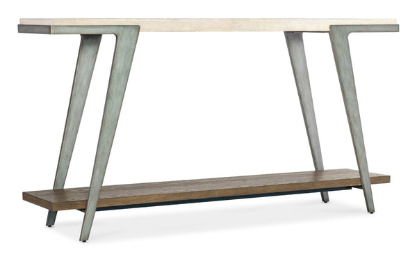 Hooker Furniture Commerce Boomerang Console Table With Cream Travertine Top, Oak Shelf & Gray Metal Frame — Eclectic Elegance 7228-80165-85