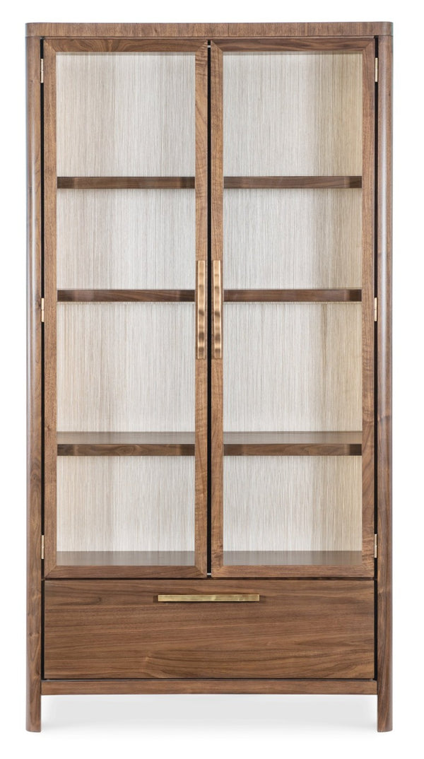 Hooker Furniture Eleana Walnut Display Cabinet With Beveled Glass, Touch Led Lighting, Grass-Cloth Back, Sunlit Bronze Hardware 7252-75906-85