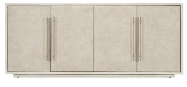 Hooker Furniture Modern Mood Entertainment Console With Quartered Oak Veneers, Raffia Doors, Soft-Close Storage & Power Light Brown 6850-55482-80