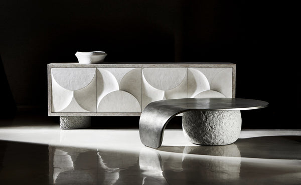 Bernhardt Bernhardt Teardrop Cocktail Table With Graphite Cast Aluminum Top & Sand Grey Concrete Base, Modern Artful Statement 309013