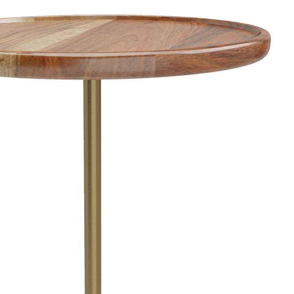 English Elm Becker Round Side Table with Acacia Wood Top, Antique Brass Stem & White Marble Base, 15" x 23" B136P159926