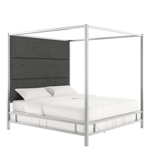 Homelegance By Top-Line Marcel Chrome Finish Metal Canopy Bed with Linen Panel Headboard Chrome Metal