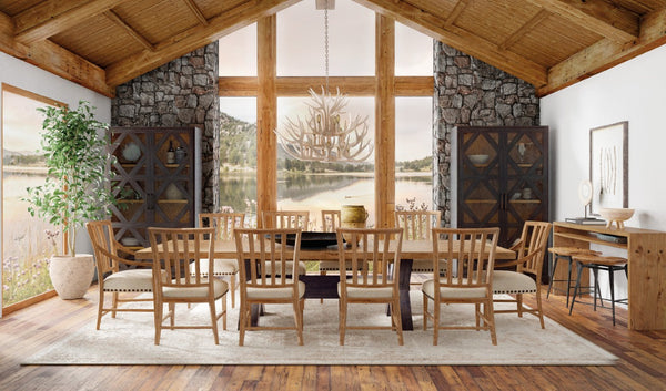 Hooker Furniture Big Sky Trestle Dining Table — Hand‑Distressed Pecky Hickory, X‑Base, 2 Removable 20" Leaves, Seats 10 6700-75200-80