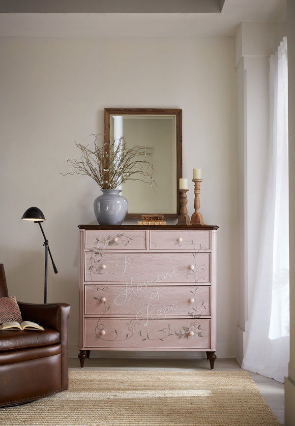 Hooker Furniture Moment Of Hope Chest — Pink Handpainted Floral Dresser With 5 Self-Closing Drawers, Oak/Walnut Veneer, Charity Support 5000-85001-61