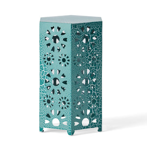 English Elm Galore Iron Patio Side Table with Sunburst Cutout and Crackle Finish for Outdoor Lounging Teal 60815.00CT