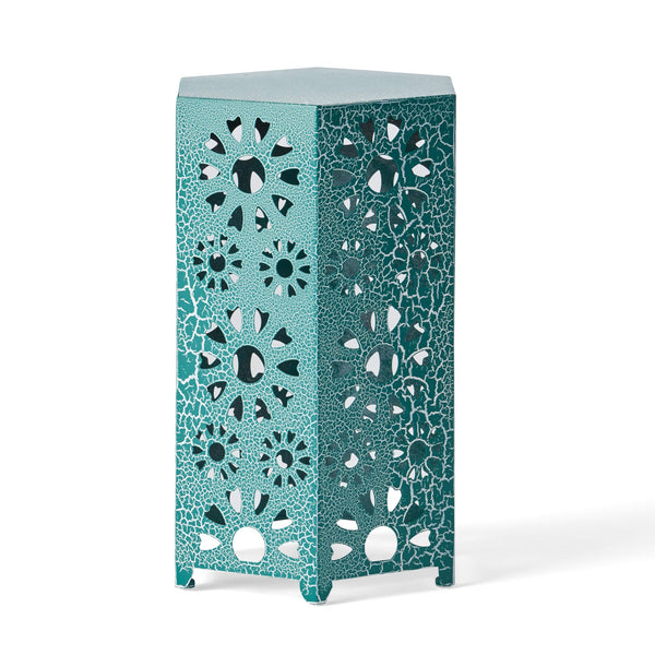 English Elm Galore Iron Patio Side Table with Sunburst Cutout and Crackle Finish for Outdoor Lounging Teal 60815.00CT