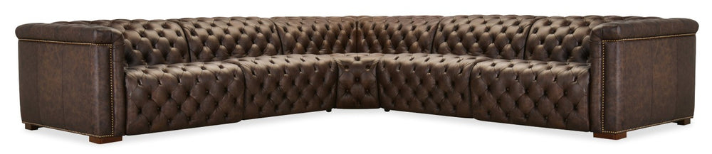 Hooker Furniture Savion Luxe 5-Seat Chesterfield Sectional In West Saddlewood Leather With Power Recline & Headrests 132.00 L x 132.00W x 28.75H SS435-5PC3-089