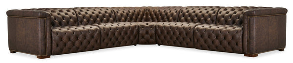 Hooker Furniture Savion Luxe 5-Seat Chesterfield Sectional In West Saddlewood Leather With Power Recline & Headrests 132.00 L x 132.00W x 28.75H SS435-5PC3-089