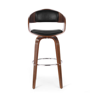 English Elm Christopher Knight Home® - BAR STOOL Mid-Century Modern Faux Leather Swivel with Walnut Veneer Frame and Chrome Footrest Black 67494.00PUMDNT