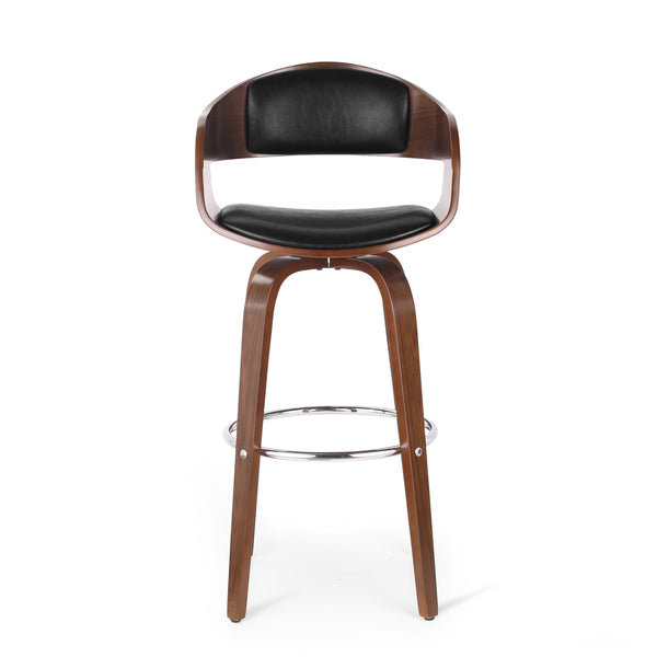English Elm Christopher Knight Home® - BAR STOOL Mid-Century Modern Faux Leather Swivel with Walnut Veneer Frame and Chrome Footrest Black 67494.00PUMDNT