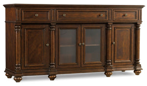 Hooker Furniture Leesburg Mahogany Buffet With Beveled Glass, Antique Brass Hardware, Felt-Lined Drawers & Adjustable Shelves 5381-75900