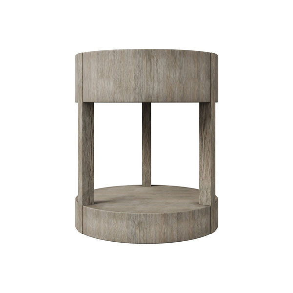 Bernhardt Bernhardt Calder Nightstand In Rustic Gray Quartered Oak — Round Modern Bedside Table W/ Drawer & Shelf 369212