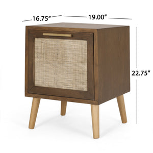 English Elm Christopher Knight Home® - END TABLE Walnut Contemporary Engineered Wood with Rattan Accents, Drawer Storage & Antique Gold Pull 71097.00