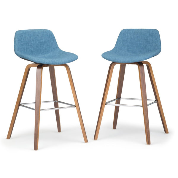 English Elm Randolph Mid-Century Modern Bentwood Bar Height Stools - Set Of 2 In Stylish Blue Linen Upholstery B136P159457-GIGA