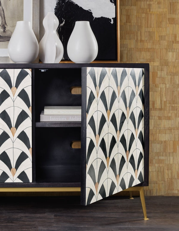 Hooker Furniture Melange Renee Credenza With Hand Inlay, Black Mango Wood & Gold Base — Storage, Media-Ready Elegance 628-85718-99