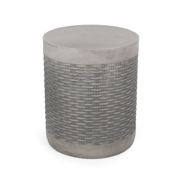 English Elm Outdoor Concrete Round Side Table Basket Weave Texture Patio Balcony Accent 73432.00