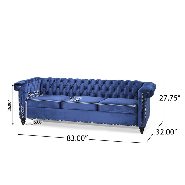 English Elm Christopher Knight Home® - SOFA Chesterfield-inspired 3-seater with deep button tufting, nailhead trim, low back and plush PU upholstery Blue 68326.00NVLTMDBLU