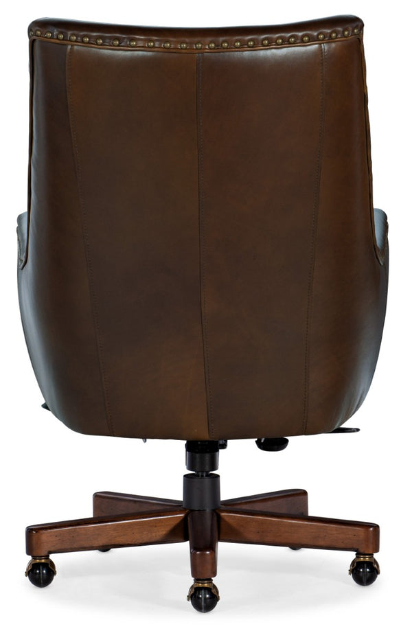 Hooker Furniture Kent Executive Swivel Tilt Chair In Aniline Top-Grain Leather With Quilted Back, Gold Nailhead Trim, Wood Base Medium Brown EC206-088