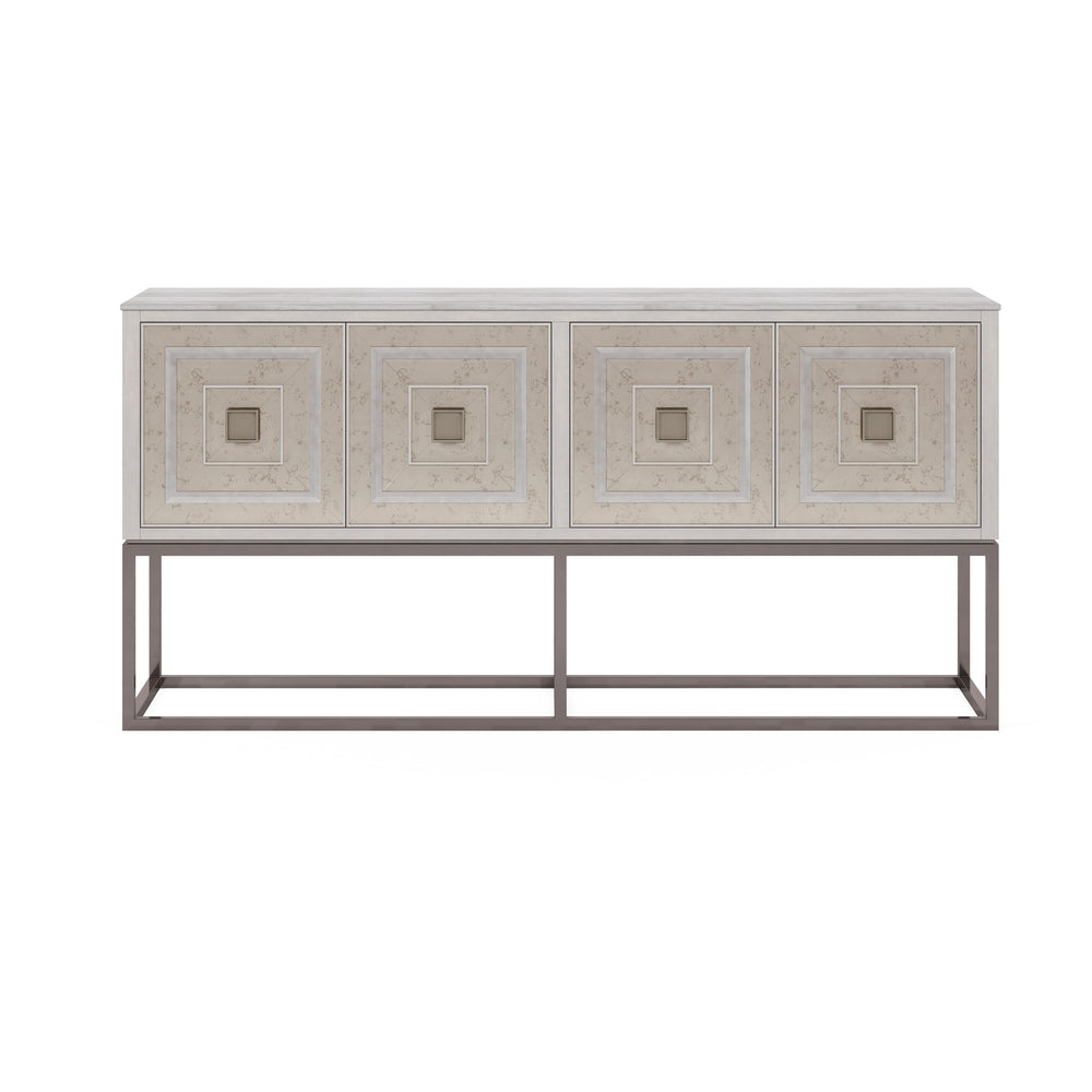 A.R.T. Furniture Mezzanine Accent/Media Console - Dove Gray With Honed Travertine Top & Mirrored Doors For Stylish Storage Light Gray Parawood And Poplar Solids,Maple Veneer,Mirror,Travertine,Steel 325334-2249