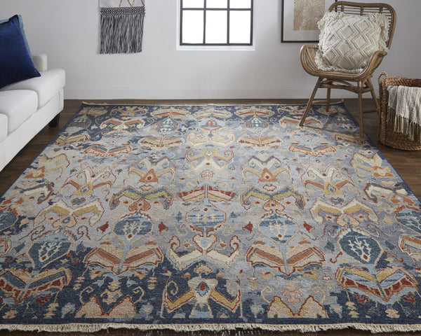 Feizy Rugs Leylan Hand Knotted Wool Ikat Rug - Stunning Tribal Design With Vibrant Motifs For Any Space Blue,Gray,Tan Wool Ley0563fblumlth50