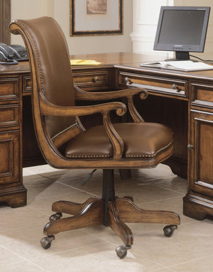 Hooker Furniture Brookhaven Classic Leather Desk Chair With Distressed Cherry Trim, Carved Arms, Tilt & Casters 281-30-220