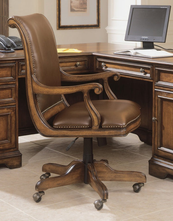 Hooker Furniture Brookhaven Classic Leather Desk Chair With Distressed Cherry Trim, Carved Arms, Tilt & Casters 281-30-220