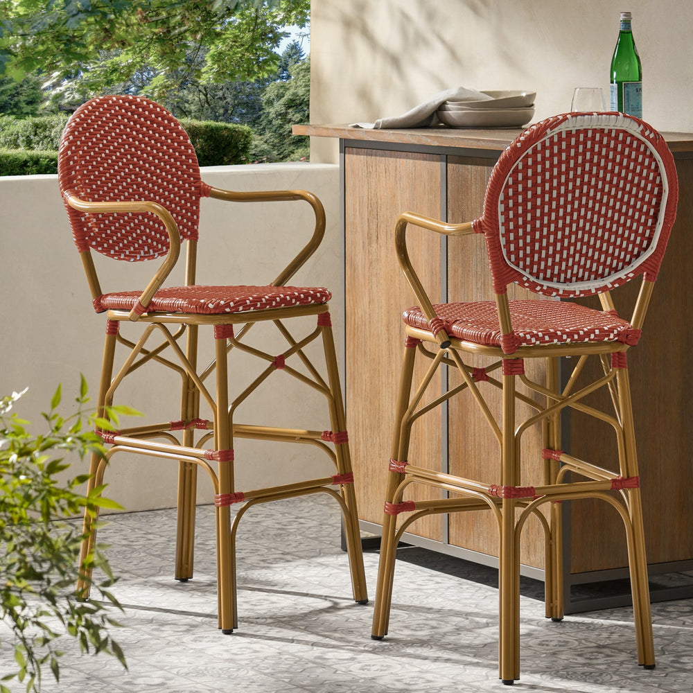 English Elm Outdoor Bistro Wicker Barstools Set of 2 Rust Resistant Aluminum Patio Bar Seating 72605.00RD