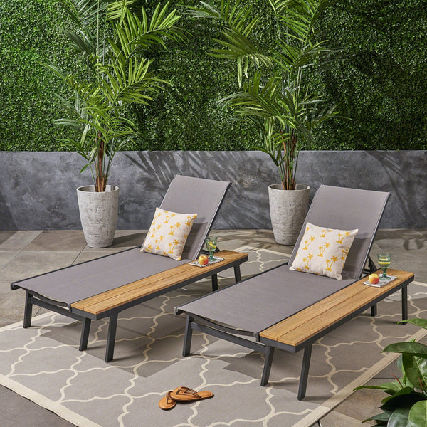 English Elm Christopher Knight Home® - Waterloo Outdoor Chaise Lounge Set Of 2 With Adjustable Recline & Attached Wood Side Table 62756.00BLKMP2