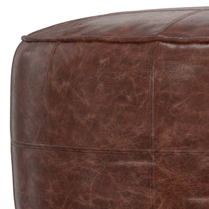 English Elm Connor - Handcrafted 34" Round Leather Pouf Coffee Table In Distressed Brown For Versatile Living Spaces B136P159353