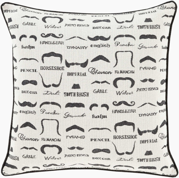 Surya Wax That Stache 18"X18" Accent Pillow – Whimsical Polyester Decor For Living Room & Bedroom Fun! Black Polyester,Cotton Wts001-2020p