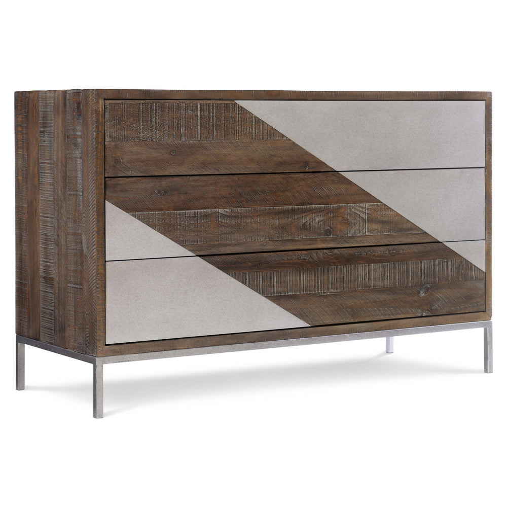 Bernhardt Bernhardt Distressed Pine Drawer Chest With Gray Mist Steel Accents, Push-To-Open Drawers, 50"W X 19"D X 32"H 303115B