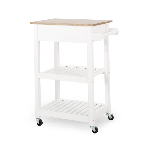 English Elm Christopher Knight Home® - Rolling Kitchen Island with Drawer & Cabinet on Locking Casters, Rubberwood Top, Compact White Design 67753.00NATWHT