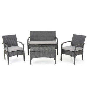 English Elm Christopher Knight Home® - CORDOBA PE Rattan 4-Pc Wicker Chat Set with Cushions, Iron Legs & Waterproof Fabric Comfort Grey 57458.00GRY