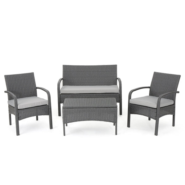 English Elm Christopher Knight Home® - CORDOBA PE Rattan 4-Pc Wicker Chat Set with Cushions, Iron Legs & Waterproof Fabric Comfort Grey 57458.00GRY