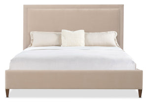 Hooker Furniture Archives Queen Upholstered Bed In Liber Oat Velvet With Walnut Veneers, Distressed Classic Walnut Finish 90.00 L x 69.00W x 64.00H 6123-90950-89