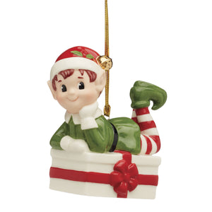 Lenox Christmas Elf Sitting On Present Ornament Green, IVORY PORCELAIN 896180