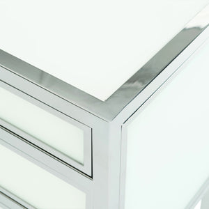 Bernhardt Bernhardt Blanca 34" Nightstand — Polished Stainless Steel Frame, Inset Snow Glass, 3 Bright Drawers 372215