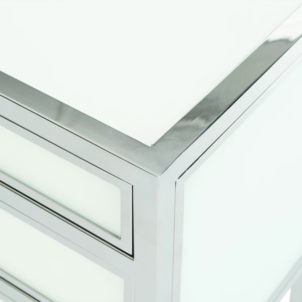 Bernhardt Bernhardt Blanca 34" Nightstand — Polished Stainless Steel Frame, Inset Snow Glass, 3 Bright Drawers 372215