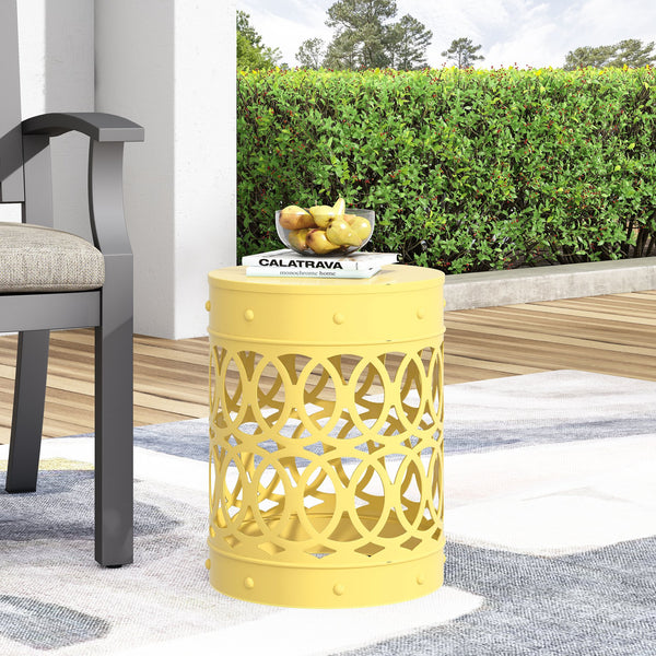 English Elm Outdoor Powder-coated Iron End Table with Geometric Cutout Design for Patio Lounging Yellow 73607.00YLW