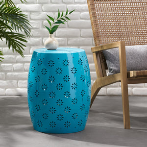 English Elm Soleil Iron Barrel Side Table with Starburst Lattice for Patio Balcony Outdoor Use 61303.00