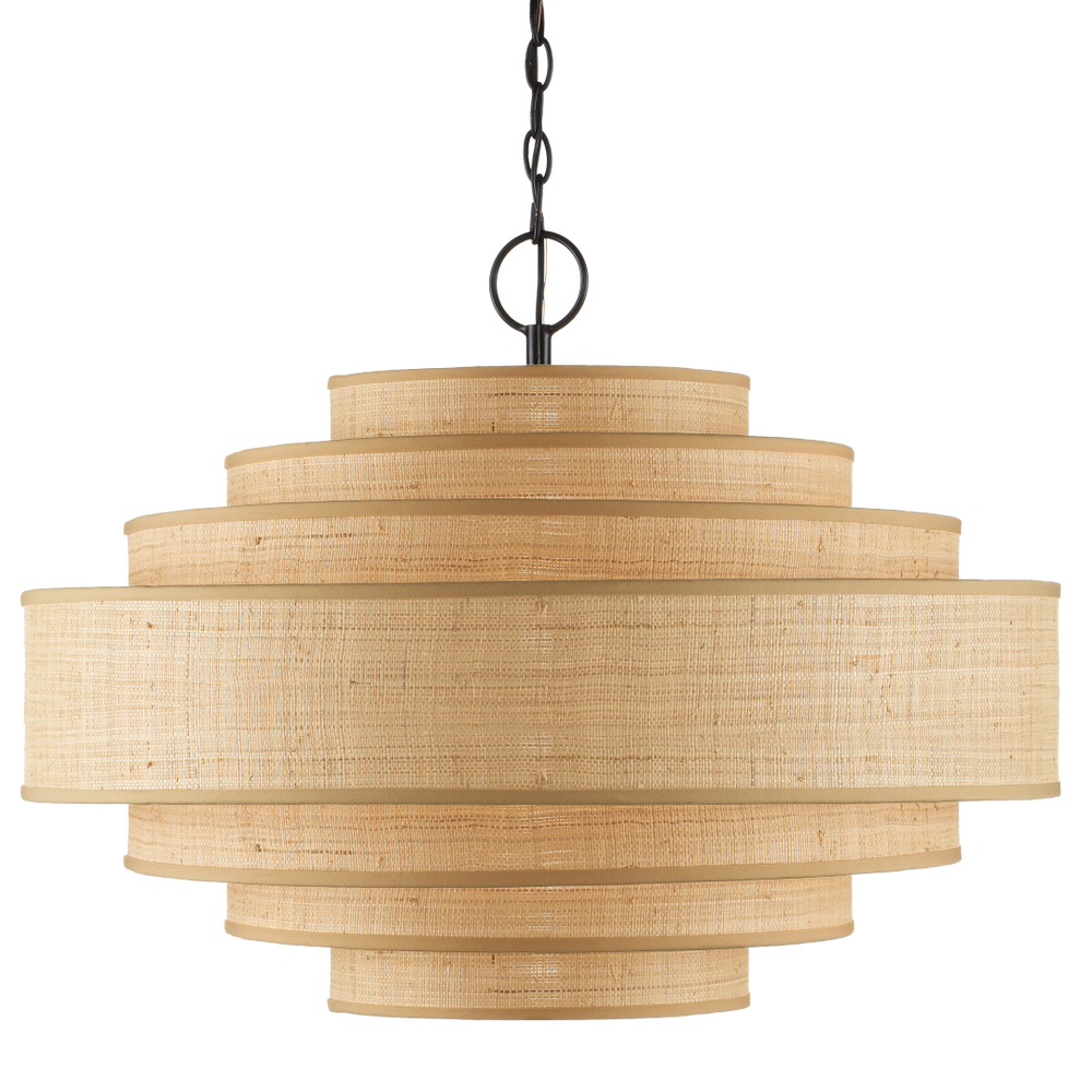 Maura Natural Chandelier - Elegant Mid-Century Modern Pendant with Grasscloth Shades & Black Frame