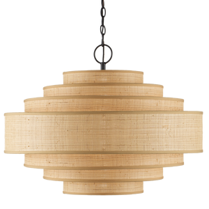 Maura Natural Chandelier - Elegant Mid-Century Modern Pendant with Grasscloth Shades & Black Frame