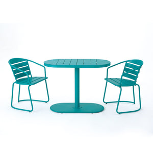 English Elm Santa Monica Outdoor Bistro Set Powder Coated Iron Oval Table Two Slat Chairs Patio 62015.00T