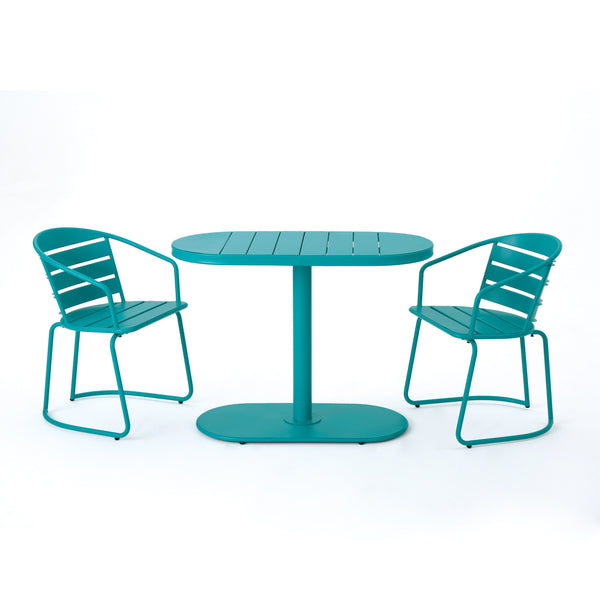 English Elm Santa Monica Outdoor Bistro Set Powder Coated Iron Oval Table Two Slat Chairs Patio 62015.00T