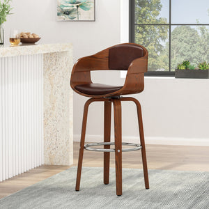 English Elm Christopher Knight Home® - BAR STOOL Mid-Century Modern Faux Leather Swivel with Walnut Veneer Frame and Chrome Footrest Dark Brown 67494.00PUDBRN