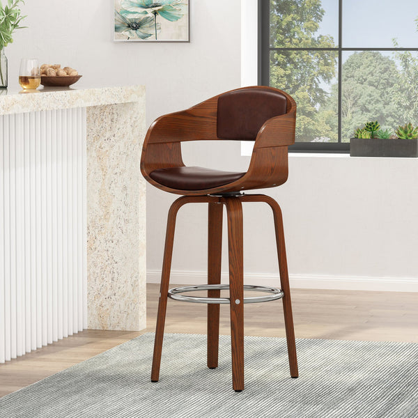 English Elm Christopher Knight Home® - BAR STOOL Mid-Century Modern Faux Leather Swivel with Walnut Veneer Frame and Chrome Footrest Dark Brown 67494.00PUDBRN