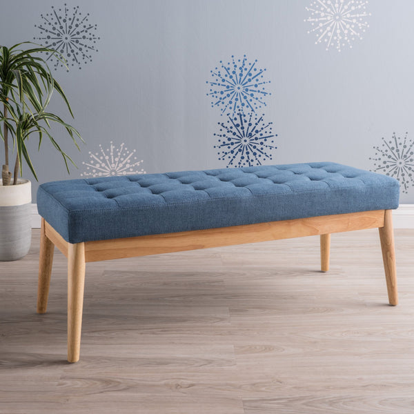 English Elm Ottoman Tufted Upholstered Bench with Birch Frame Mid-century Style for Bedroom Entry 60407.00BLU